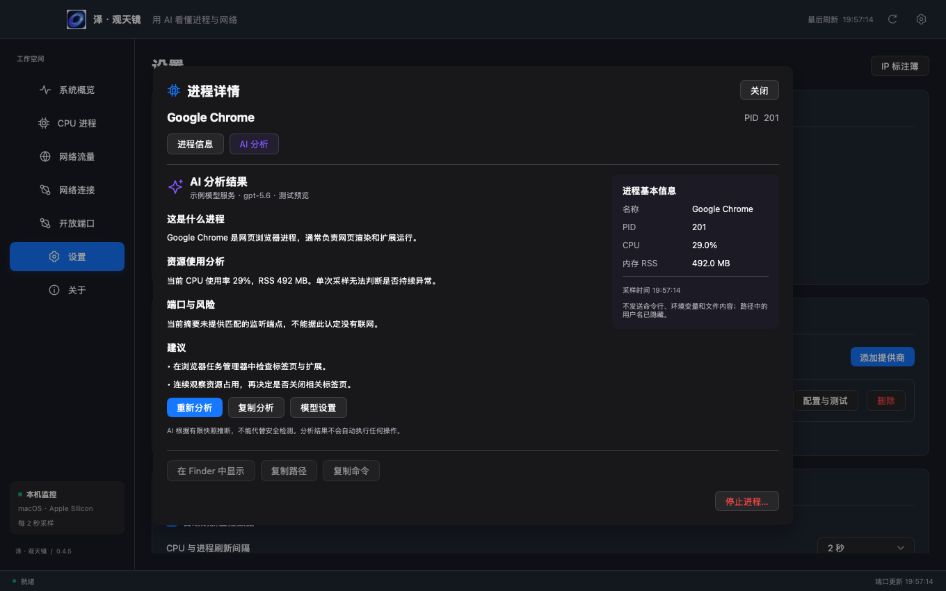 观天镜的 AI 分析界面：解释 Chrome 进程、分析资源占用、提示端口信息边界并提供排查建议。画面使用示例数据。